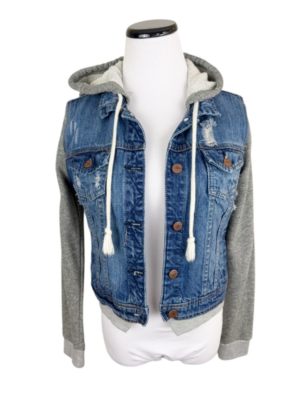 Venus Distressed Hooded Jean Jacket With Knit Sleeves Blue Gray Size Small
